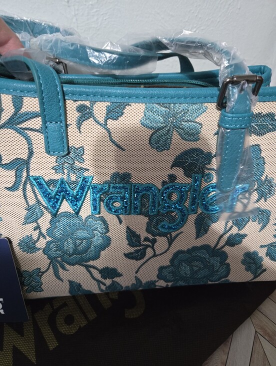 Wrangler Handbags - Wrangler Teal Floral Canvas Tote with Teal Trim